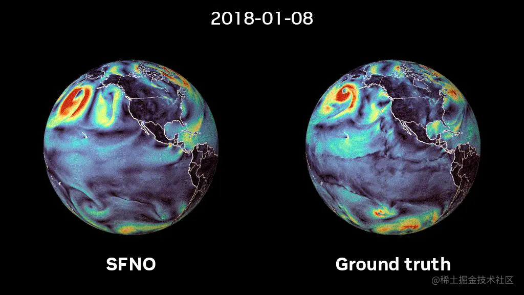 A video depicting two spherical plots, comparing a 5 month roll-out using SFNO to ground-truth data.