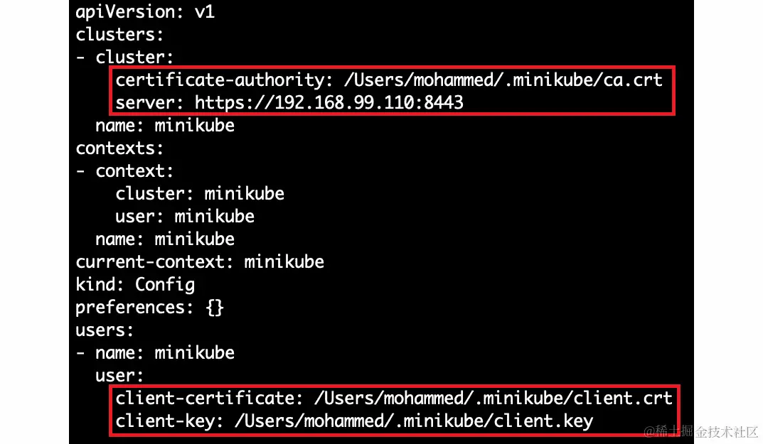 图 4.49：kubeconfig 中的 API 服务器 IP 和身份验证证书