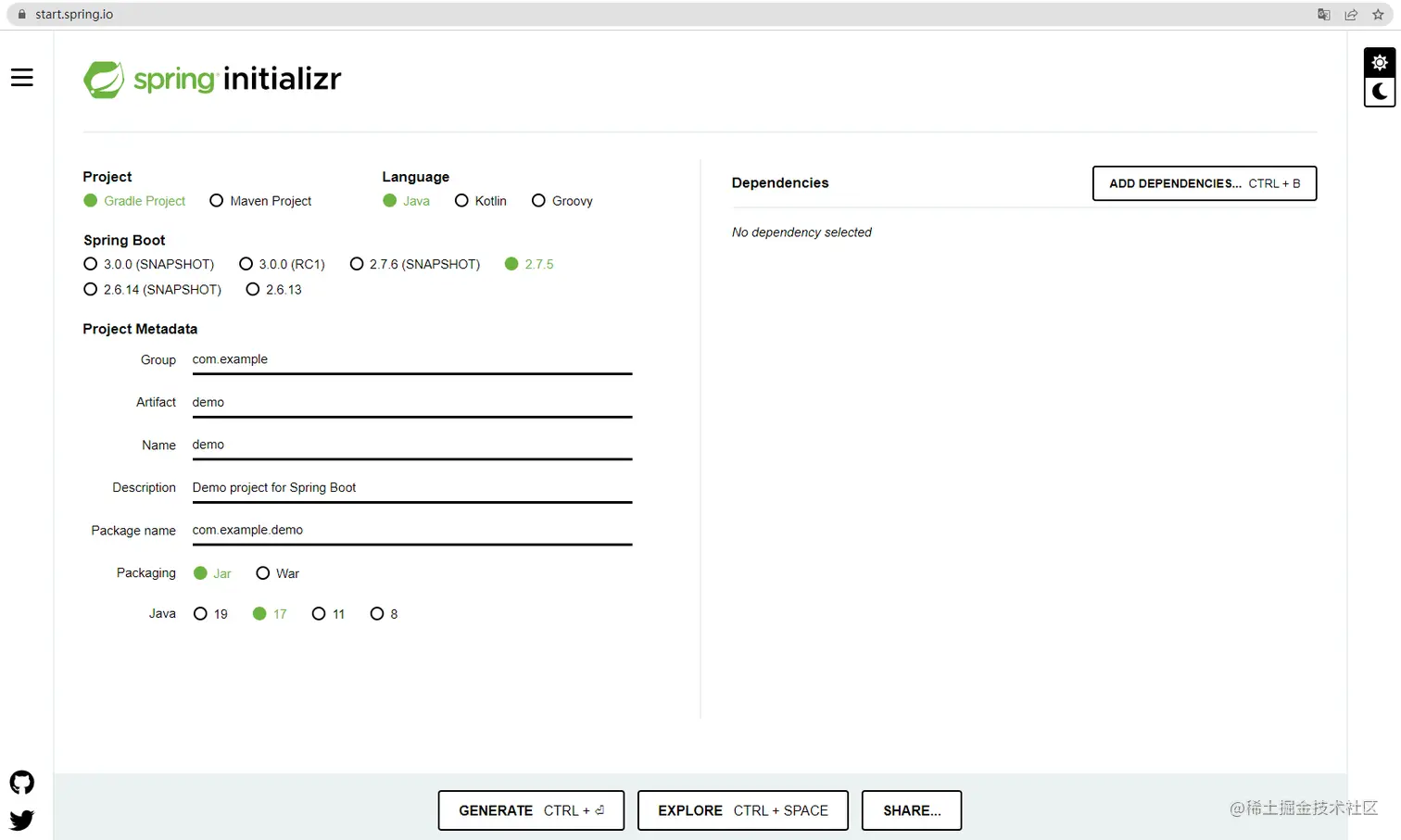 start.spring.io主页面