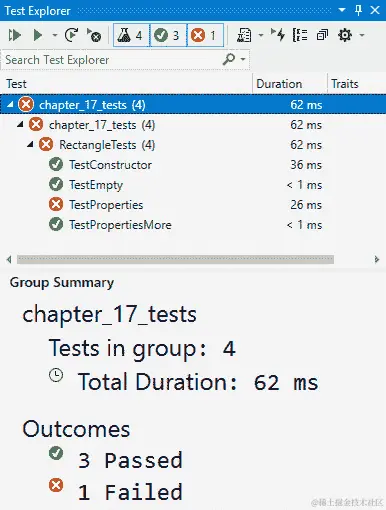 图 17.5 - 测试资源管理器显示测试方法执行失败的 TestProperties()方法。