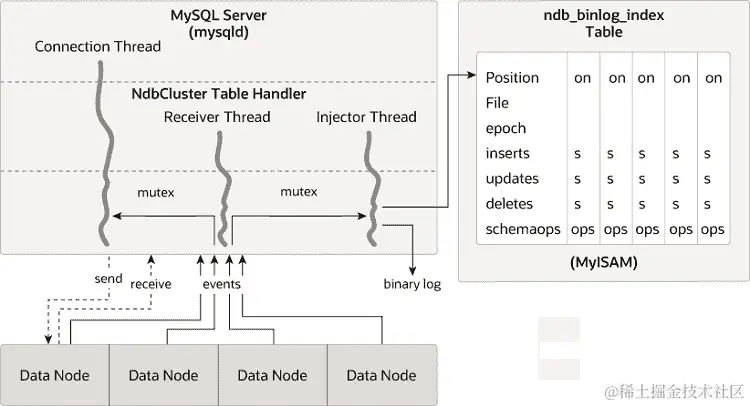 大多数概念在周围的文本中有描述。这个复杂的图像有三个主要区域。左上角的区域分为三个部分：MySQL 服务器（mysqld）、NDBCLUSTER 表处理程序和互斥体。连接线程连接这些部分，接收器和注入器线程连接 NDBCLUSTER 表处理程序和互斥体。底部区域显示四个数据节点（ndbd）。它们都产生由箭头表示的事件，指向接收器线程，接收器线程也指向连接线程和注入器线程。一个节点发送和接收到互斥区域。表示注入器线程的箭头指向二进制日志以及在周围文本中描述的 ndb_binlog_index 表。