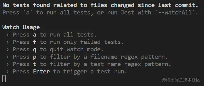 Terminal showing Jest test framework prompting for input.