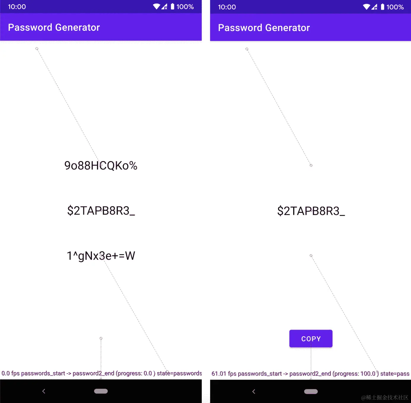 图 15.21：密码生成器应用中 MotionLayout 的起始和结束状态