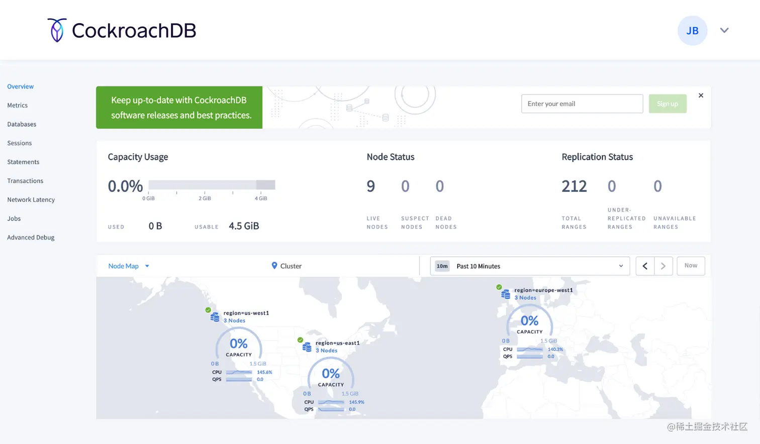 Cockroach DB Console cluster overview