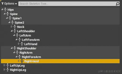 图 14.15：在层次结构中找到的 RightHand 骨骼玩家角色的骨架