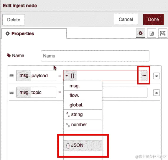 图 6.32 - 在 inject 节点的第一个参数上的 JSON