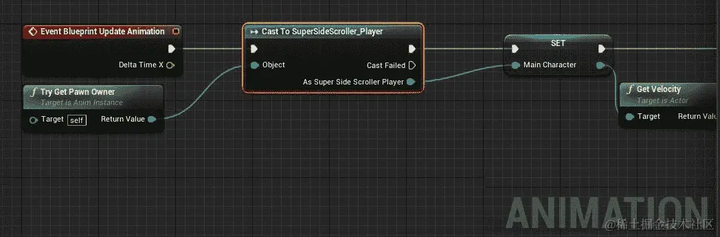 图 11.31：您仍然可以使用 MainCharacter 变量，因为 SuperSideScroller_Player 基于 SuperSideScrollerCharacter 进行继承