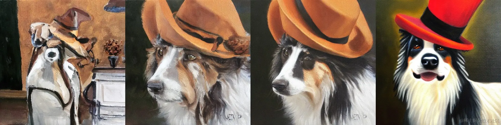 An oil painting of a collie in a top hat