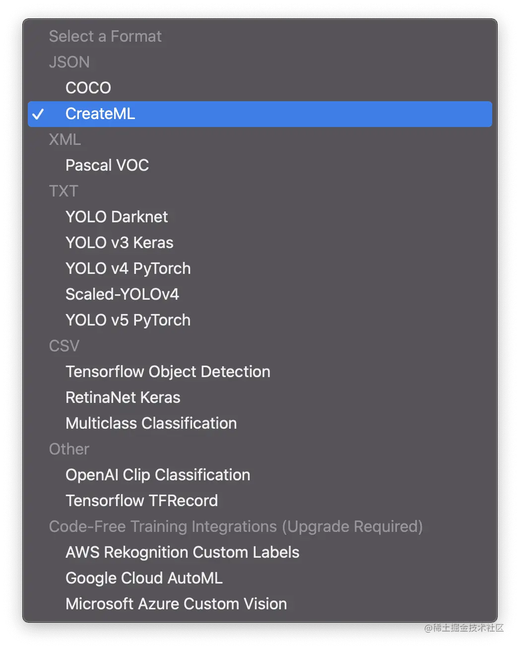 The dropdown menu to select a format has had CreateML selected