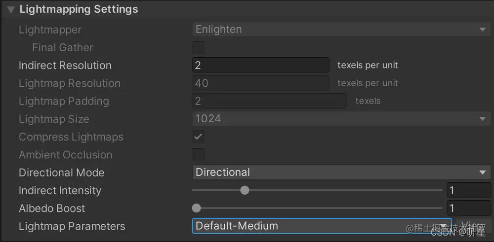 在 Lighting Settings 窗口的 Lightmapping settings 部分中，Lightmap Parameters 属性下拉菜单的图像设置为 Default-Medium。