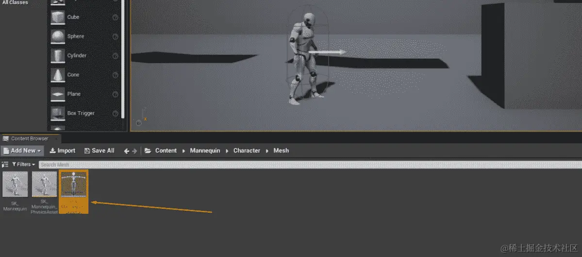 图 10.8：UE4_Mannequin_Skeleton 资产在此处被突出显示并可见