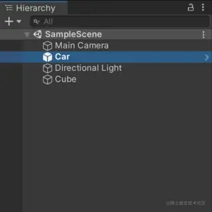 在此图中，Hierarchy 窗口中没有游戏对象设置为默认父项。 用户将 Car 游戏对象拖动到 Scene 视图中时，Unity 会在层级视图顶层添加它。