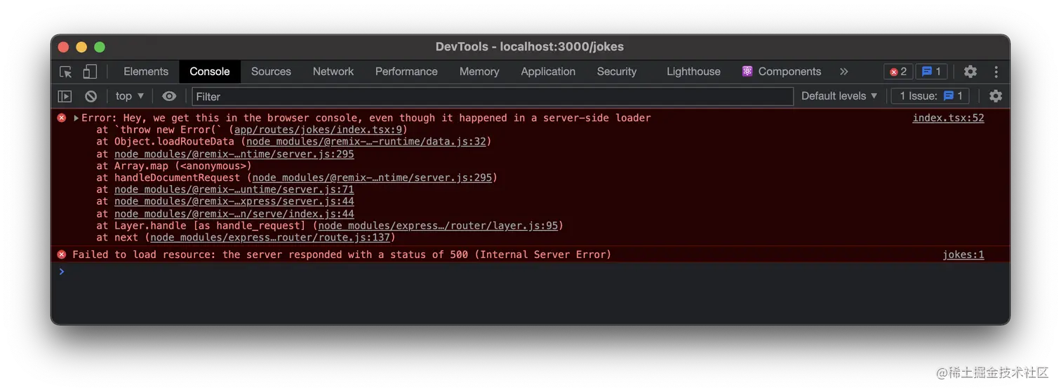 Browser console showing the log of a server-side error