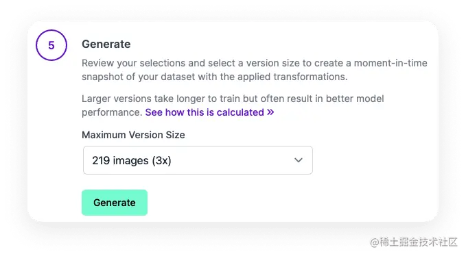The dataset generation menu has the ability to select the version size and a generate button. the maximum size has been selected.