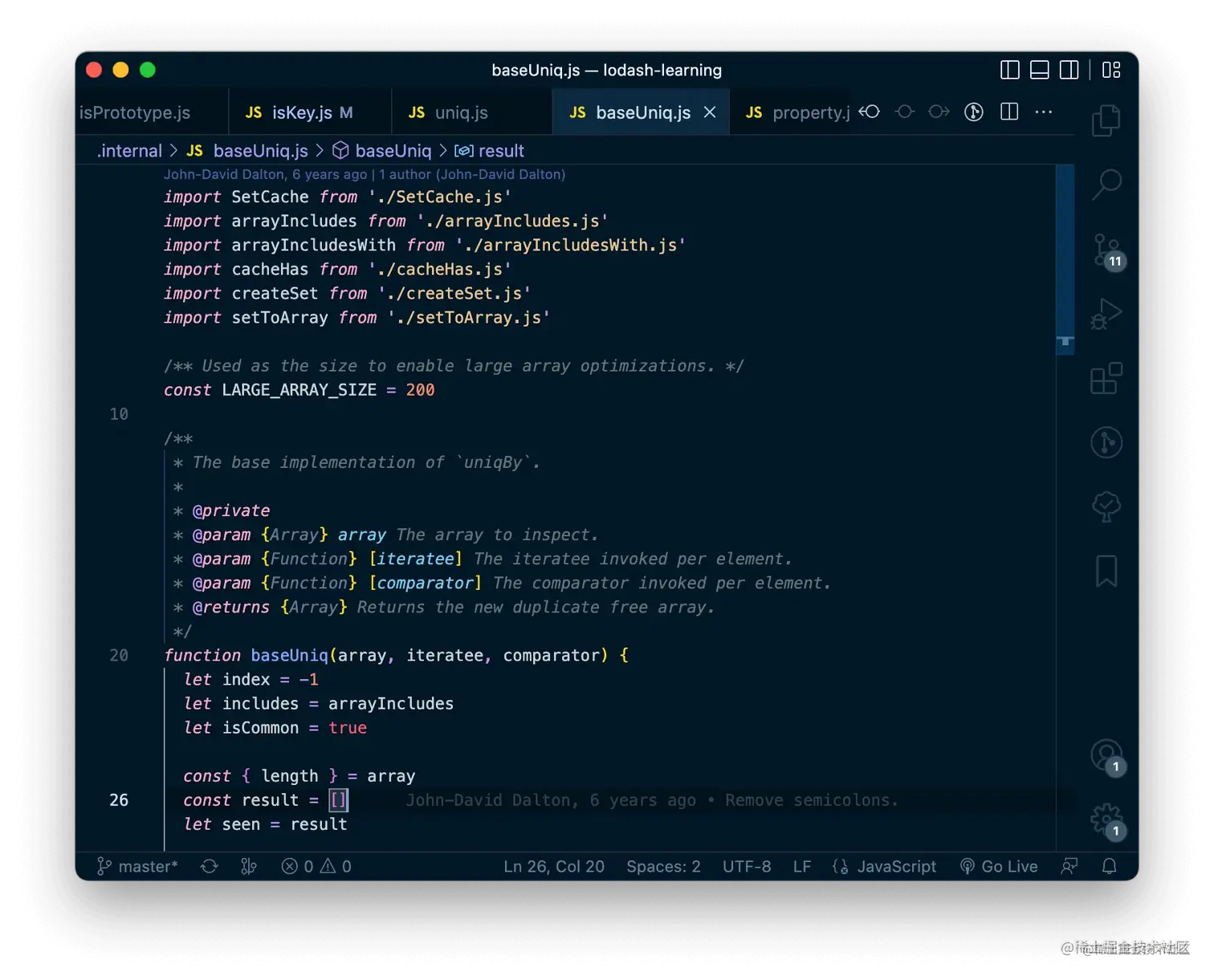 'git blame' in VSCode with GitLens: line 26
