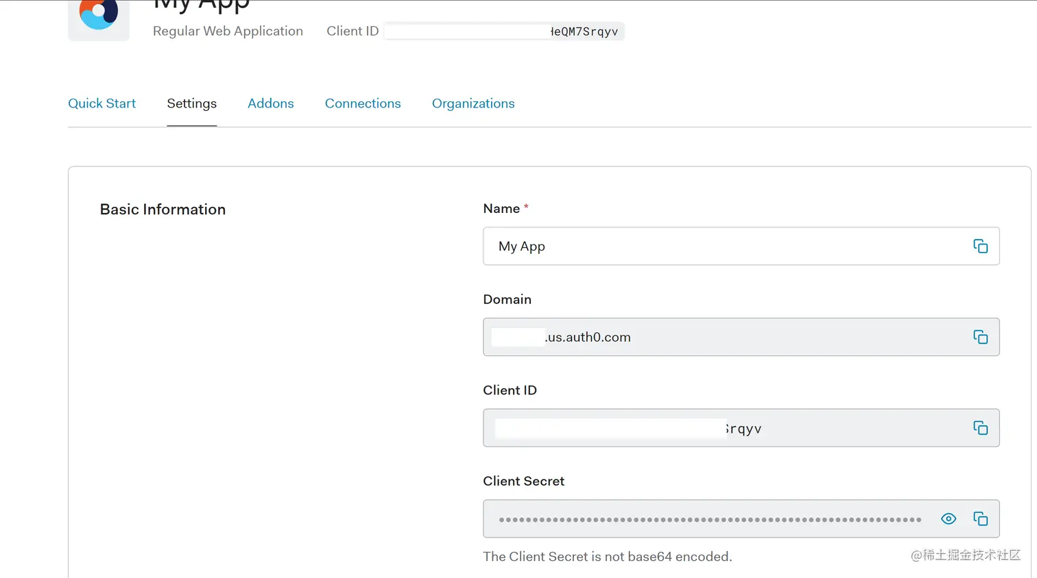 Auth0 app configuration settings