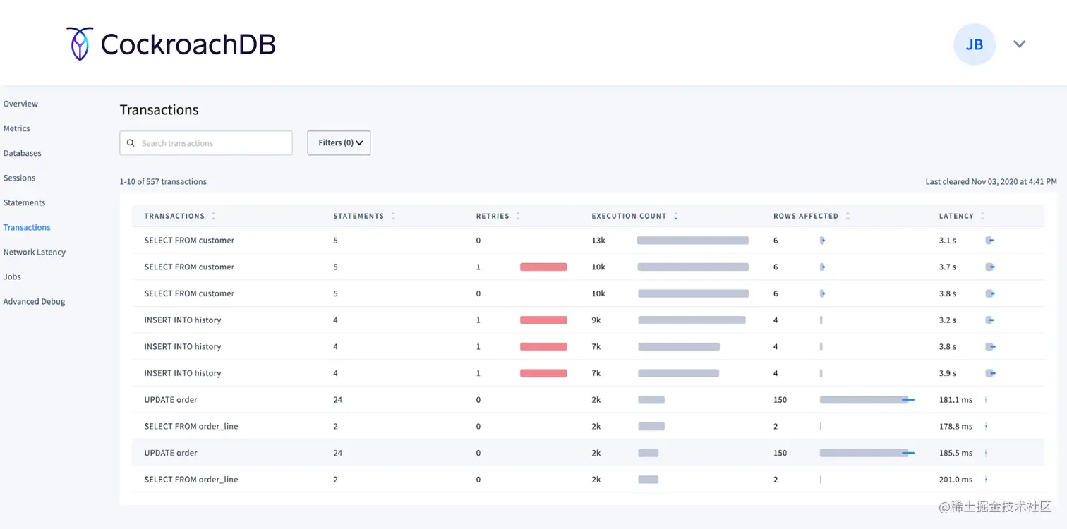 CockroachDB DB Console: Debugging transactions