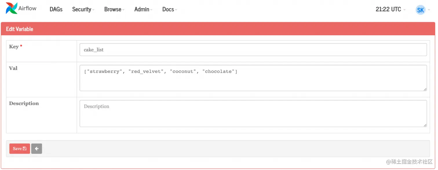 Screenshot of the Airflow UI, showing the dynamic variables (cake flavors) used to create Figure 5