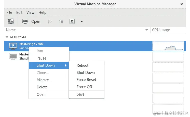 图 3.14 - virt-manager 选项 - 在虚拟机上电后，我们现在可以使用更多选项