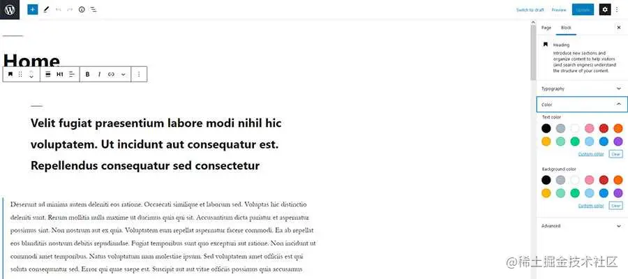 The WordPress block editor with a full palette of color options.