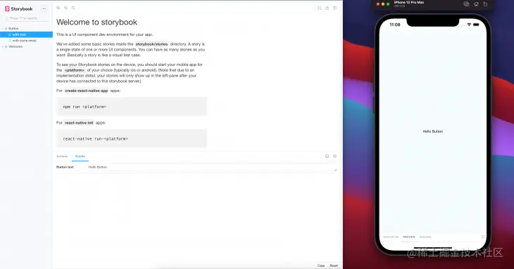 Storybook welcome screen with blank mobile app