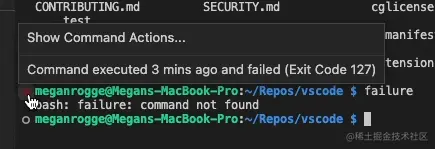 Command decoration hover displaying Show Command Actions option and information that the command executed 3 minutes ago and returned failed exit code 127