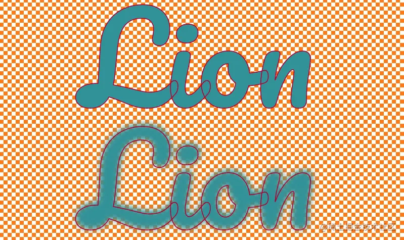 Screenshot. Shows two lines of blue text with a red outline to highlight the boundaries of the actual text. The text on the second line is blurred and it can be seen how this causes us to have semitransparent blue pixels on both sides of the red outline - both outside and inside.