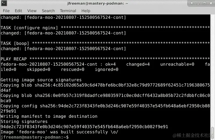 图 12.22 - 使用 ansible-bender 成功构建容器