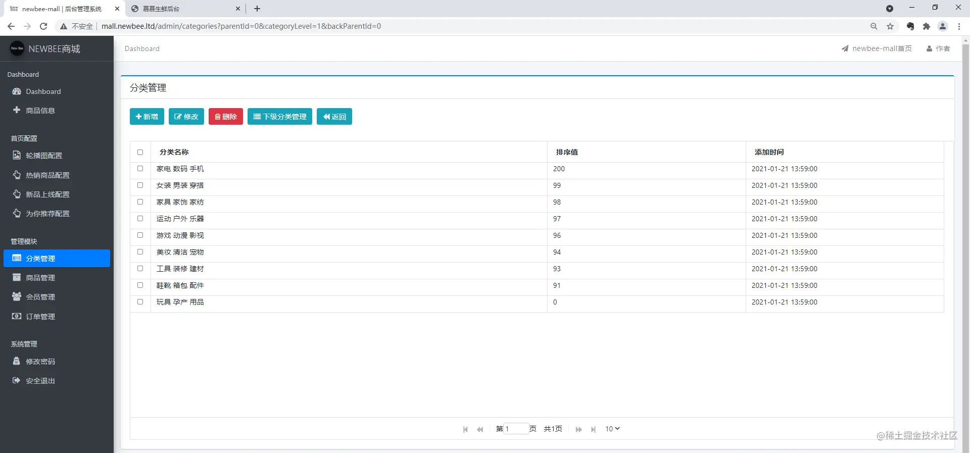 newbee-mall分类管理页面