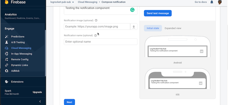 Gif of FCM compose notification tool