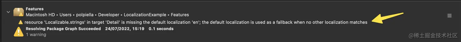 Xcode warning shown when default localisation is missing.