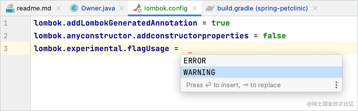Code completion in Lombok configuration files
