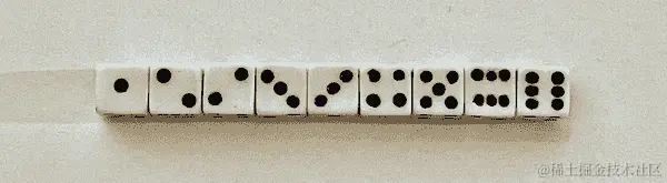 用实际骰子说明的六面骰子的九种可能配置