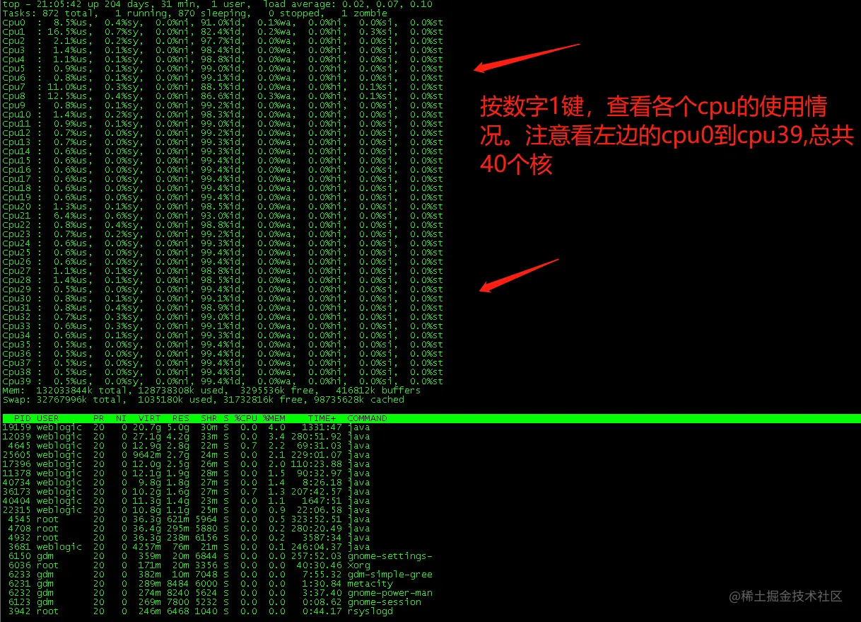 显示多个CPU的使用情况