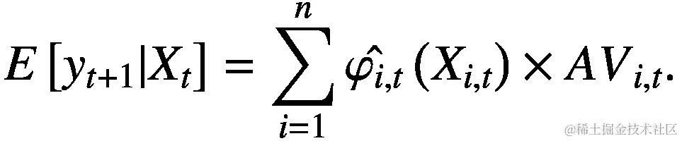 E\left[{y}_{t+1}|{X}_t\right]=\sum \limits_{i=1}^n\hat{\varphi_{i,t}}\left({X}_{i,t}\right)\times {AV}_{i,t}.