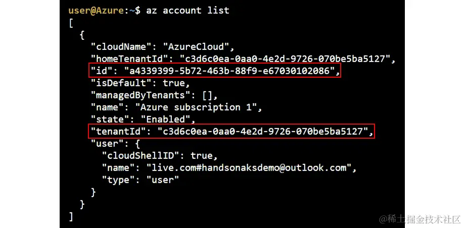屏幕显示所需列表（订阅 ID 和租户 ID），使用 az account list 命令。