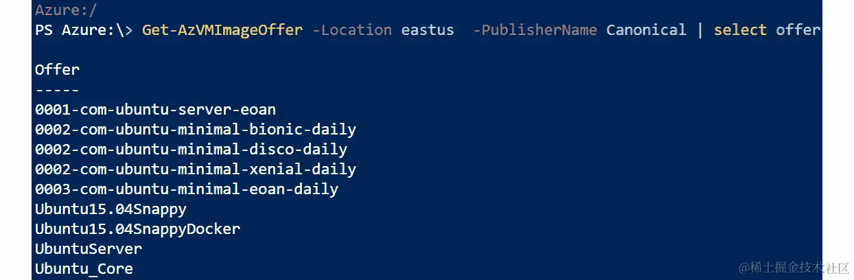 在 Powershell 中选择 Canonical 作为发布商并选择其优惠
