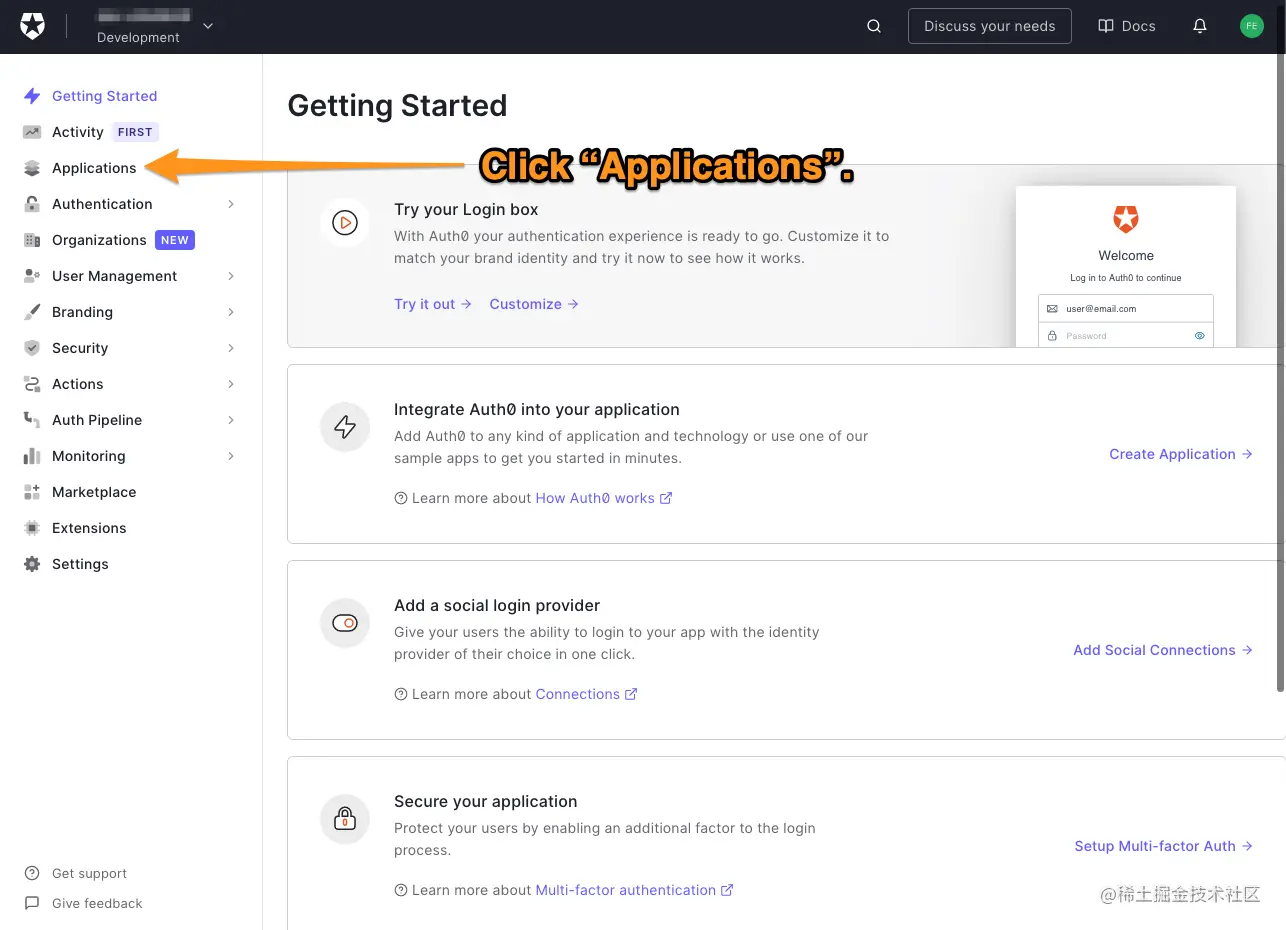 The main page of the Auth0 dashboard. The reader is directed to click “Applications”.