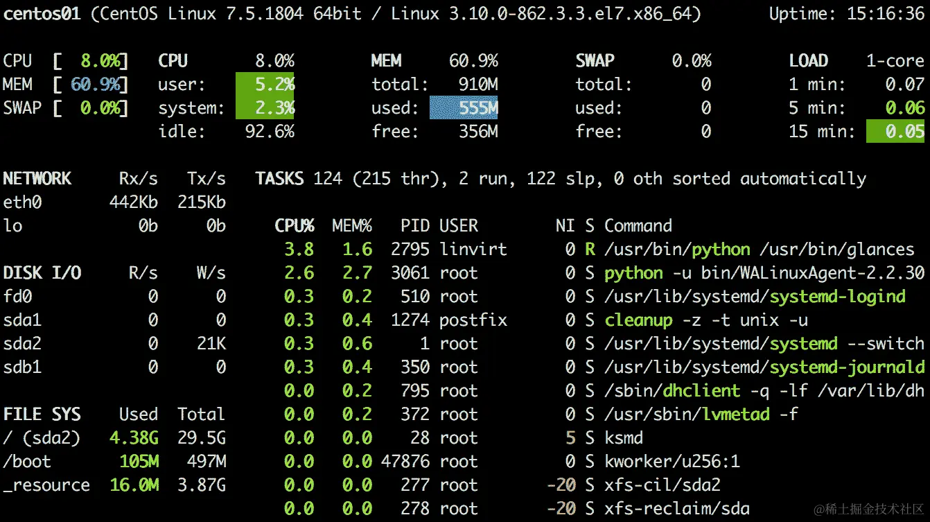 使用 glances 实用程序查看性能