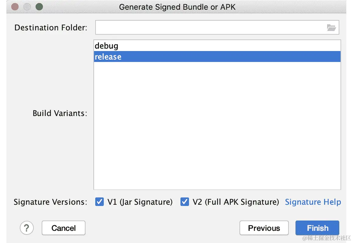 图 16.6：在生成签名的 Bundle 或 APK 对话框中选择发布版本