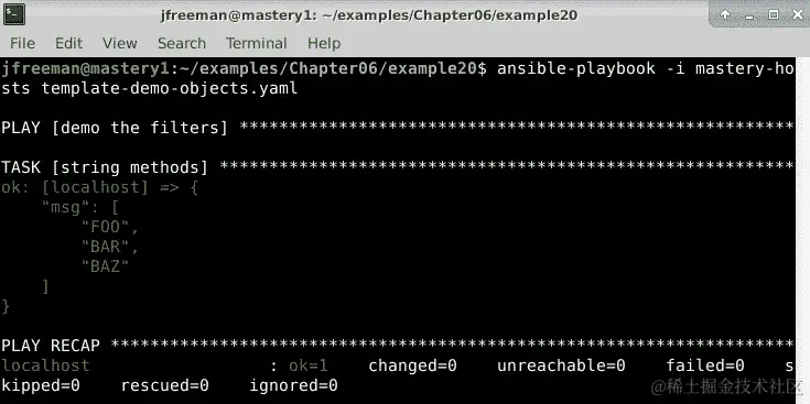 图 6.22 - 运行使用 Python 字符串对象方法的 playbook