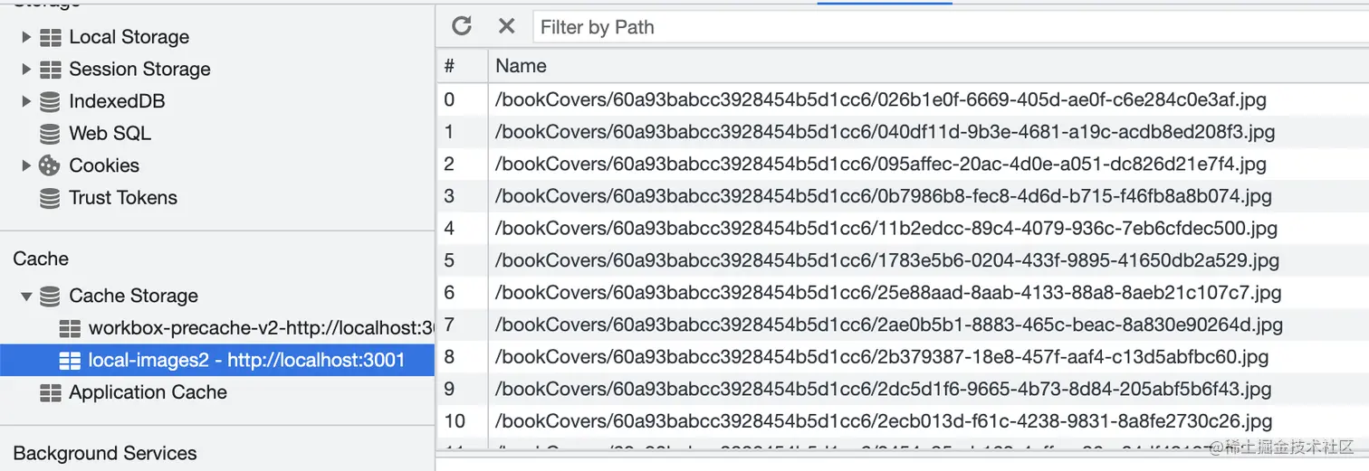 DevTools screenshot showing the new cache instance that is stored in Cache Storage. It includes all of the cached images.
