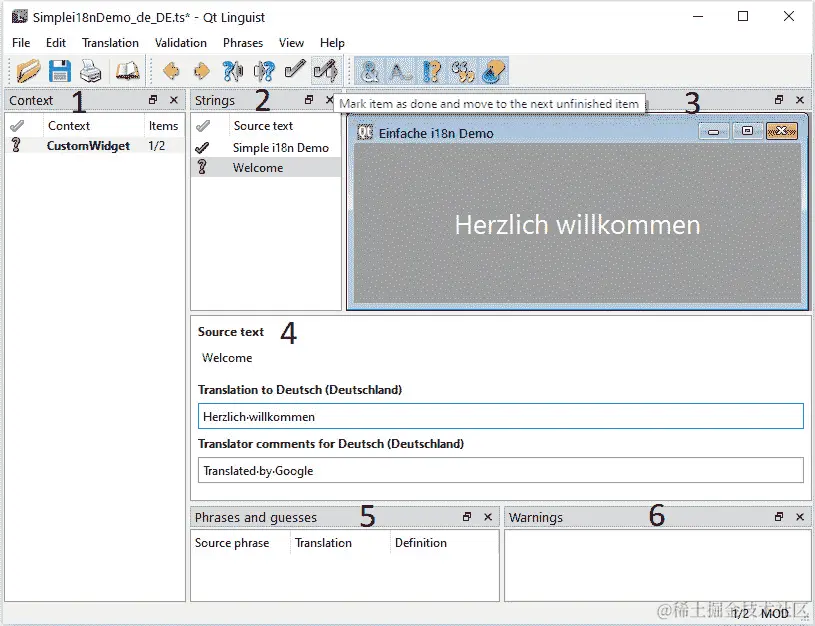 图 11.4 - 显示 Qt 语言家界面的不同部分的示例