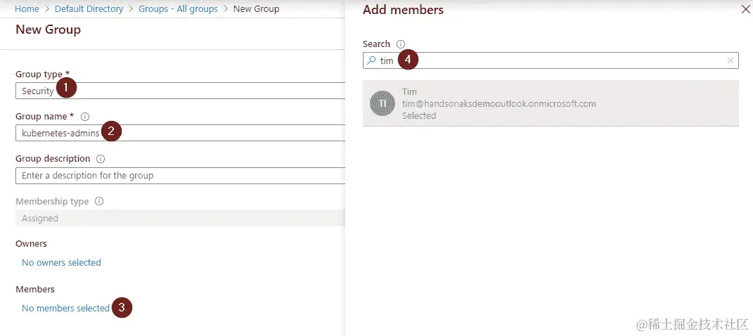 在新组窗口中，将组类型设置为安全，添加组名称和组描述，并将我们在上一步中创建的用户添加到该组中。