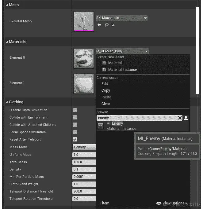 图 12.33：分配新的 Material Instance 资产 MI_Enemy，将材料实例移到 Mesh 组件的材料的元素 0