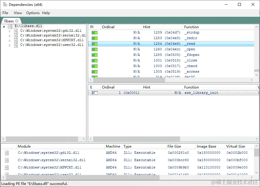 使用 DependenciesGui 查看输出的 libass.dll 文件，发现只有 ass_library_init 函数被导出
