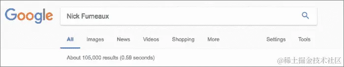 Google 页面的屏幕截图，显示了在搜索框中输入的人名，搜索结果返回了 105,000 条结果，用时 0.59 秒。