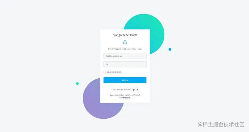 Django React - Datta Able, the login page.