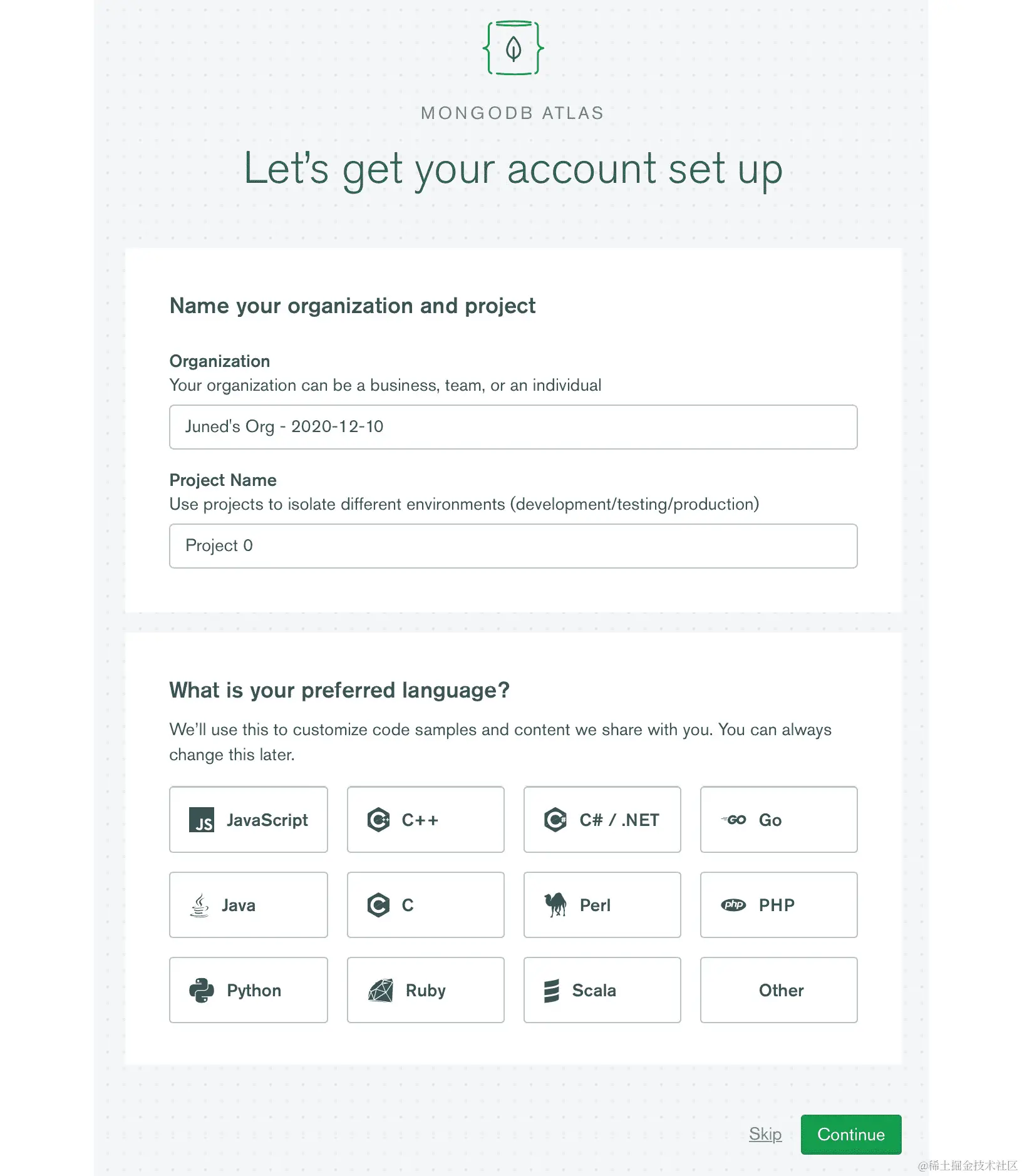图 1.5：输入组织和项目详细信息的页面