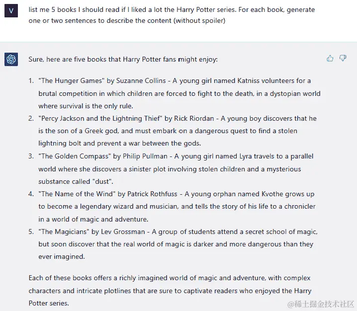 图 5.22 – ChatGPT 根据我的喜好推荐书籍列表的示例